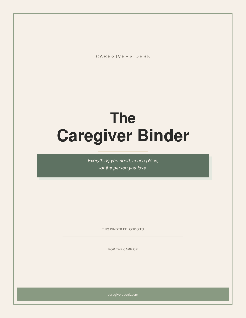 The Caregiver Binder cover page with a deep sage band and gold rule