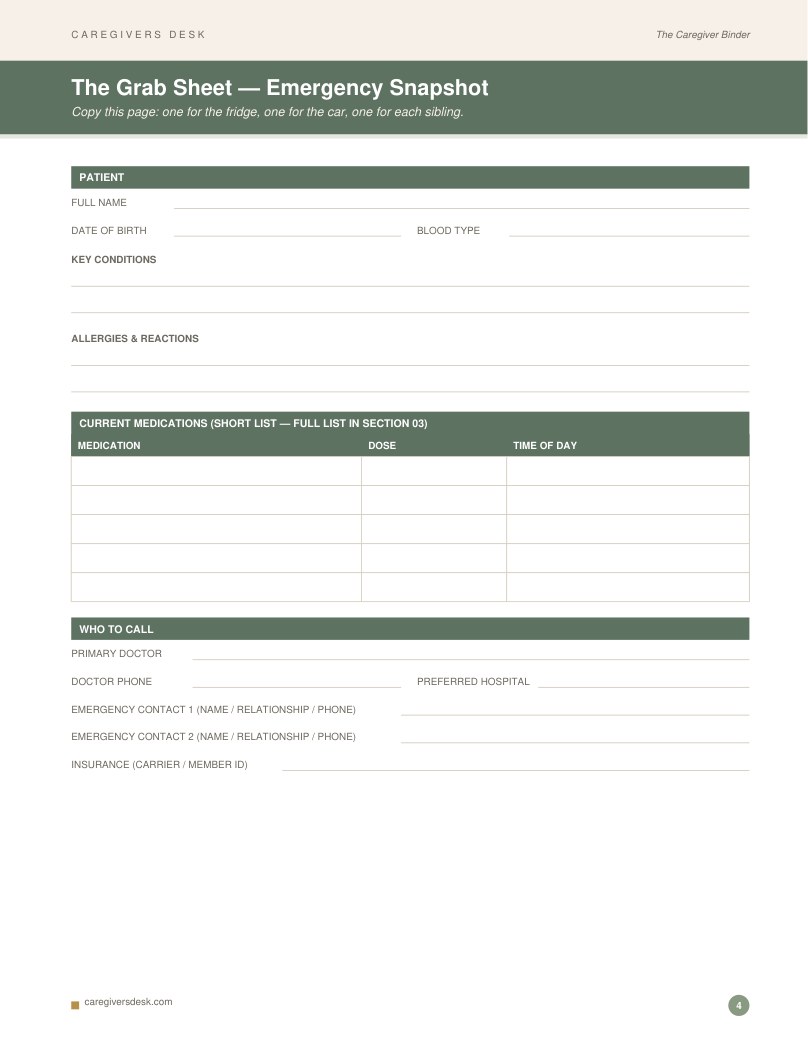 The one-page Grab Sheet from The Caregiver Binder with emergency essentials under a deep sage band