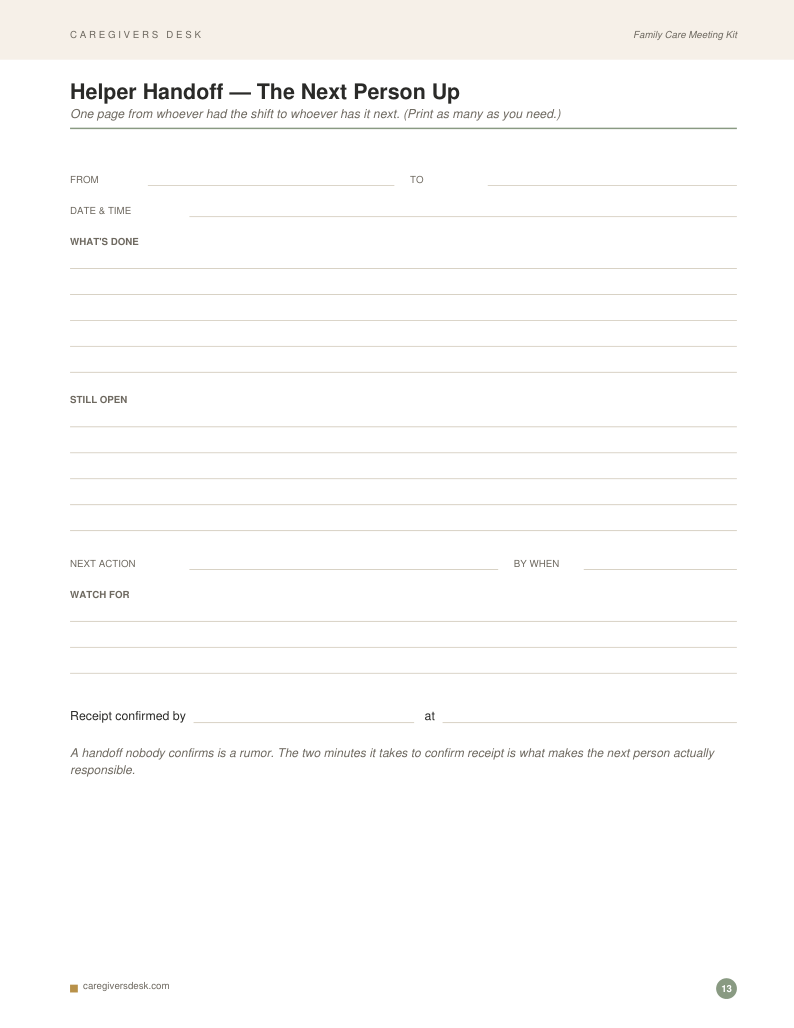 The Family Kit's Helper Handoff page — what was done, what is still open, and the next action, from one helper to the next